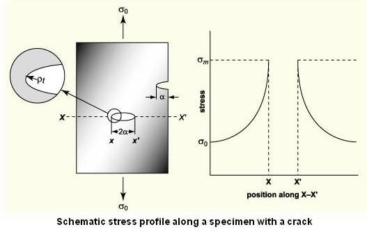 Schematic stress profile along a specimen with a crack